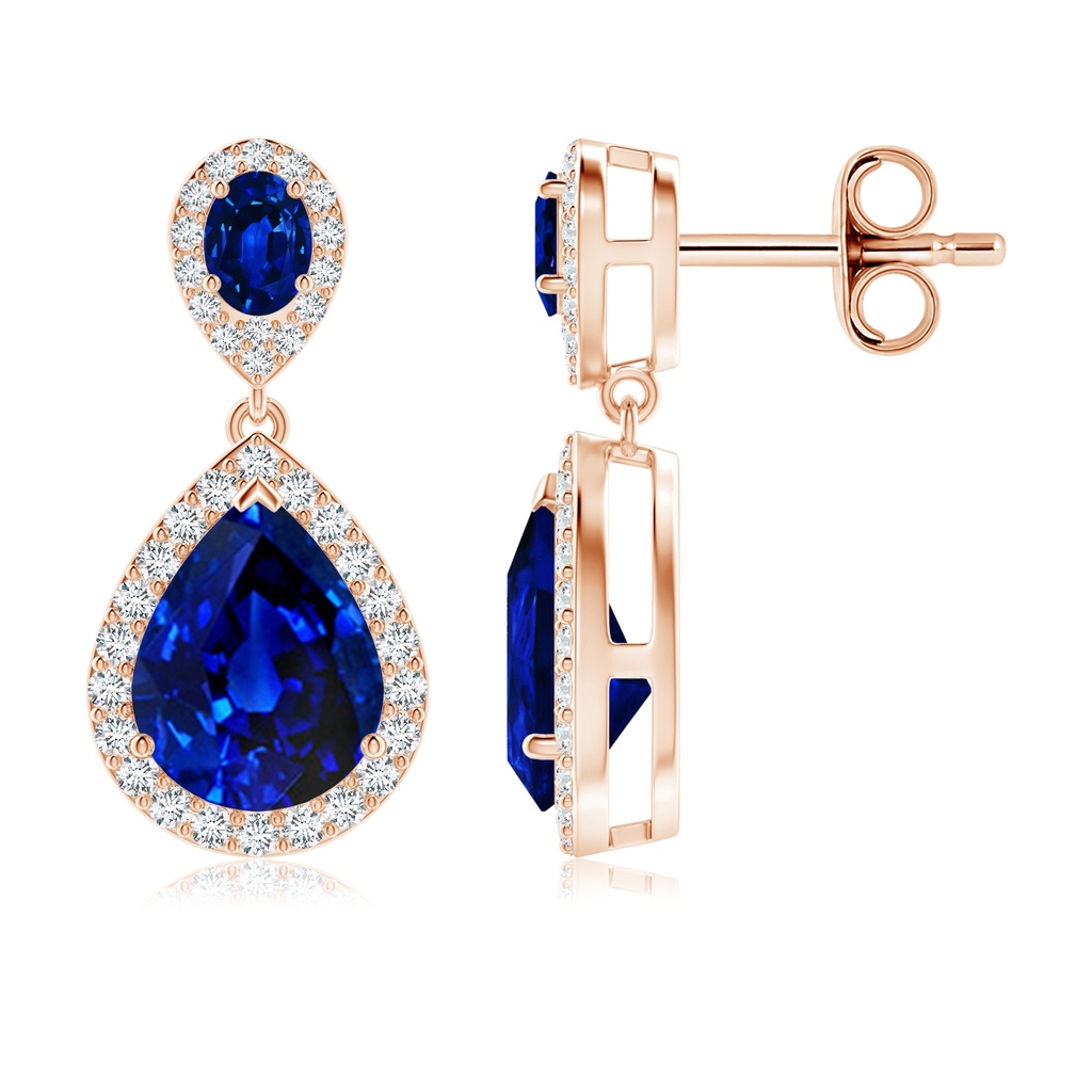 9x7mm Lab-Grown Oval & Pear Blue Sapphire Drop Earrings with Diamond Halo in 18K Rose Gold