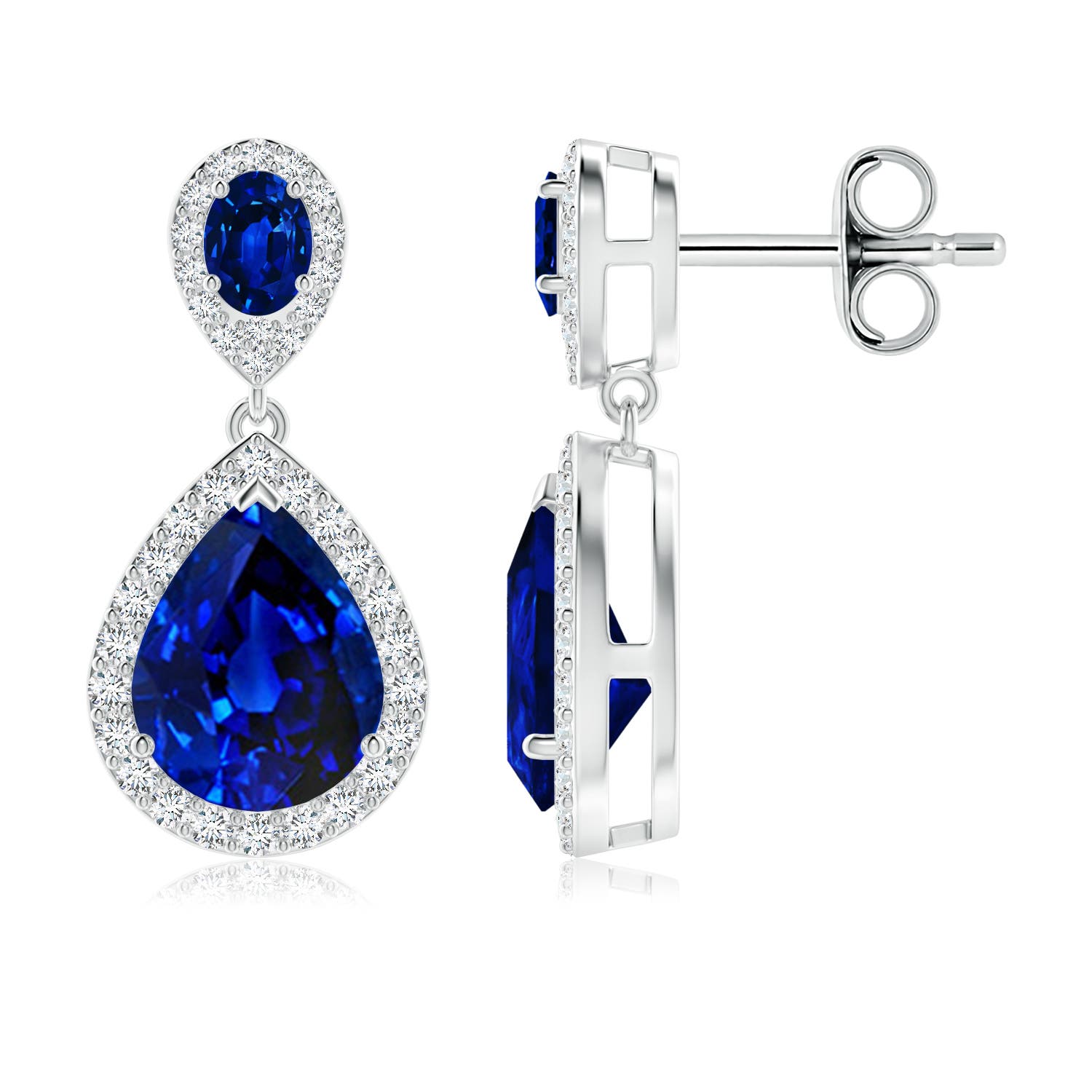 9x7mm AAAA Oval & Pear Blue Sapphire Drop Earrings with Diamond Halo in 18CT White Gold