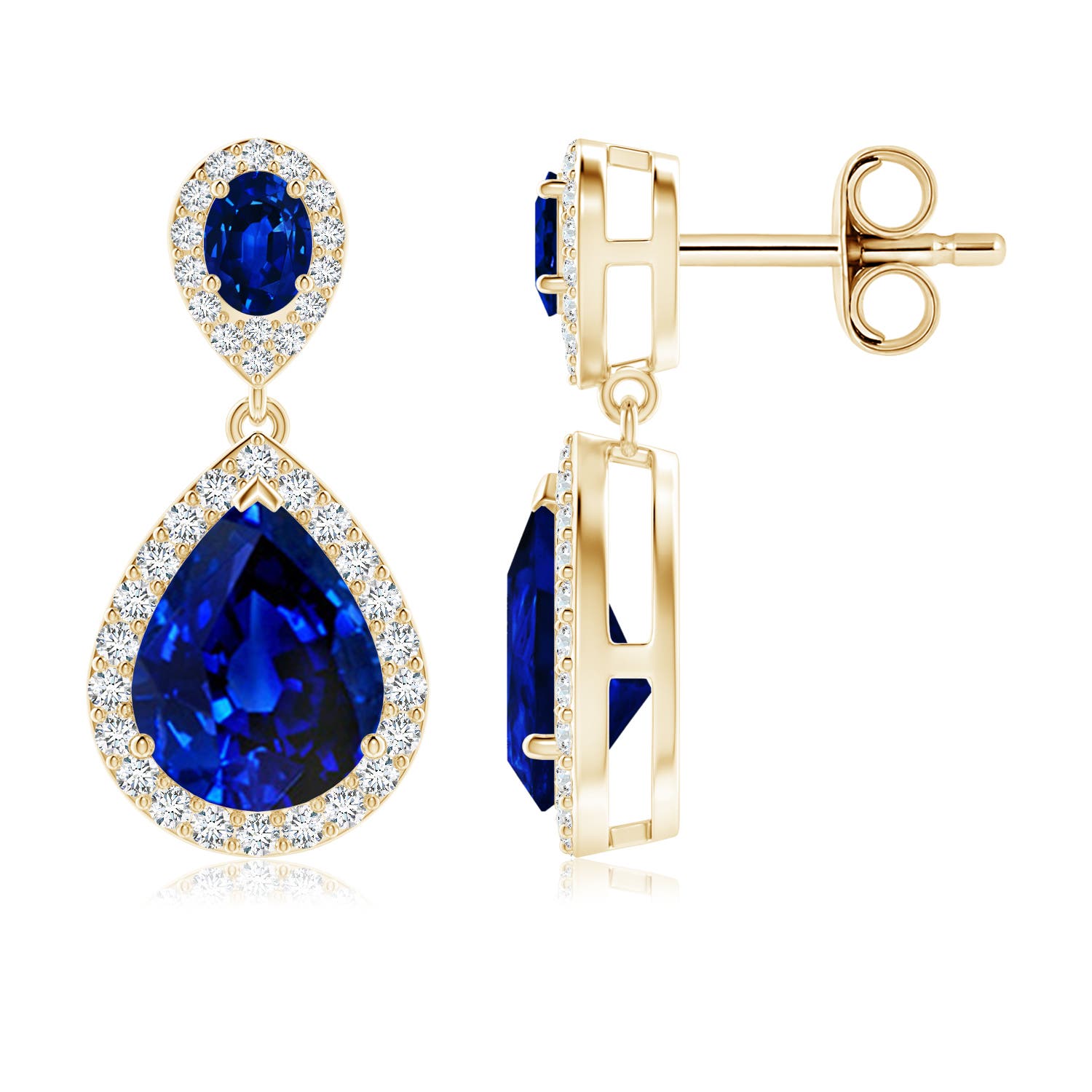 9x7mm AAAA Oval & Pear Blue Sapphire Drop Earrings with Diamond Halo in 18K Yellow Gold