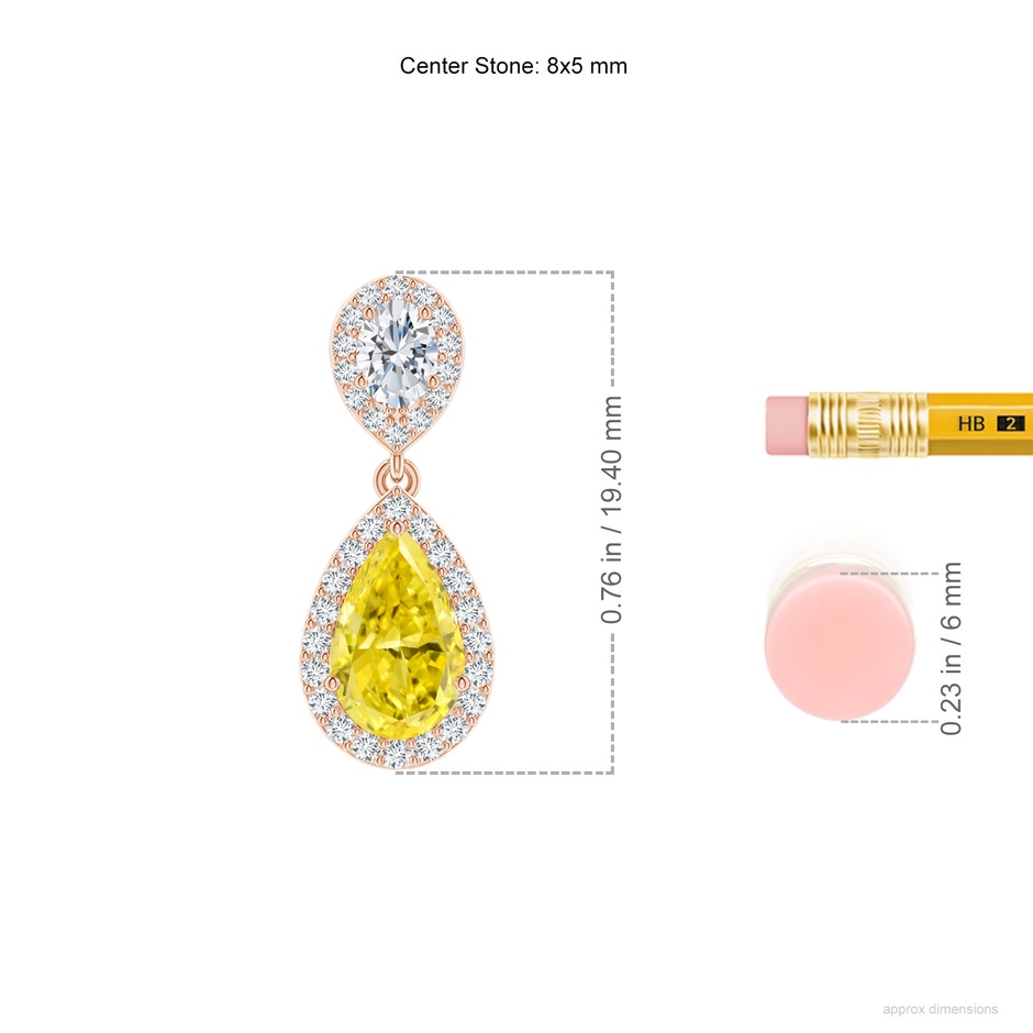 8x5mm AAAA Oval & Pear Fancy Intense Yellow Diamond Drop Earrings with Halo in Rose Gold ruler
