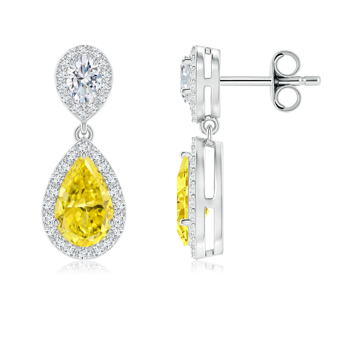 Angara 2.07 CTW Pear Fancy Intense Yellow Diamond Drop Earrings with Halo in 14K White Gold