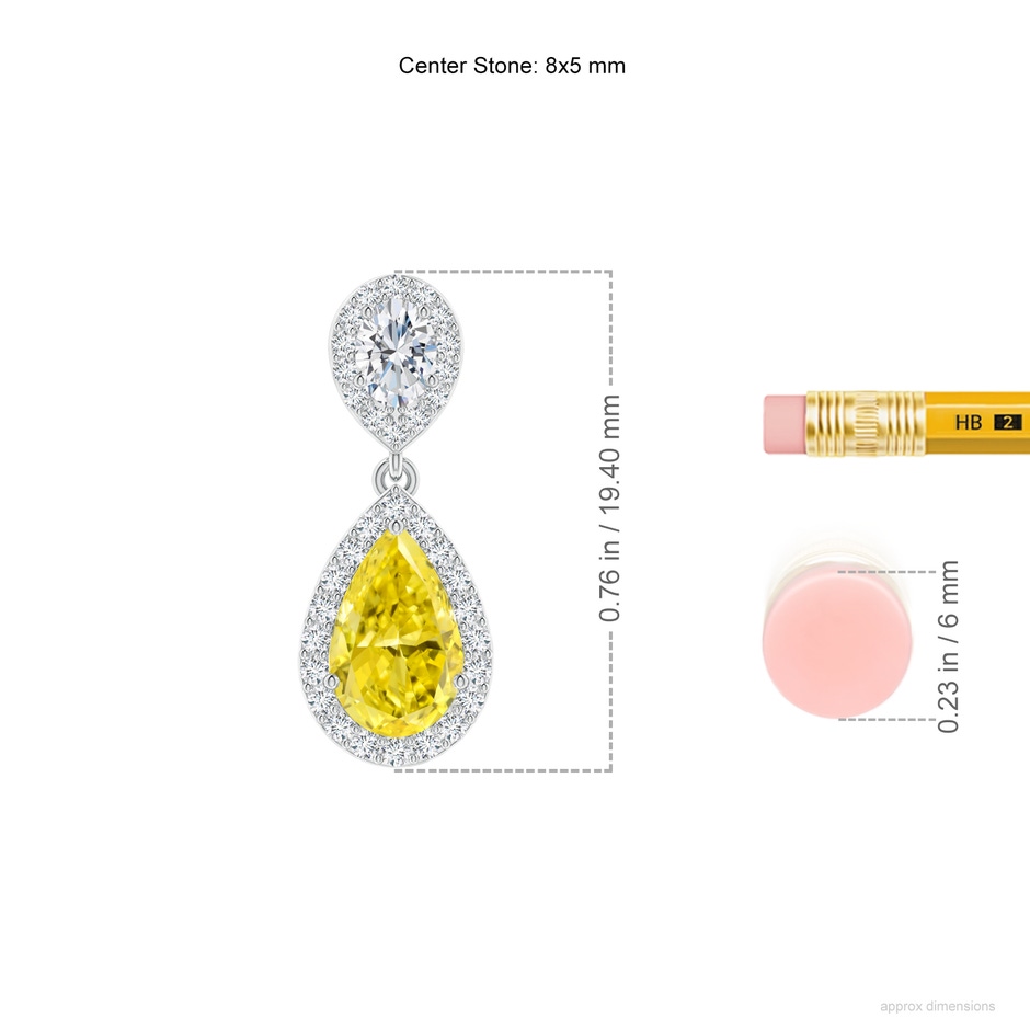 8x5mm AAAA Oval & Pear Fancy Intense Yellow Diamond Drop Earrings with Halo in White Gold ruler