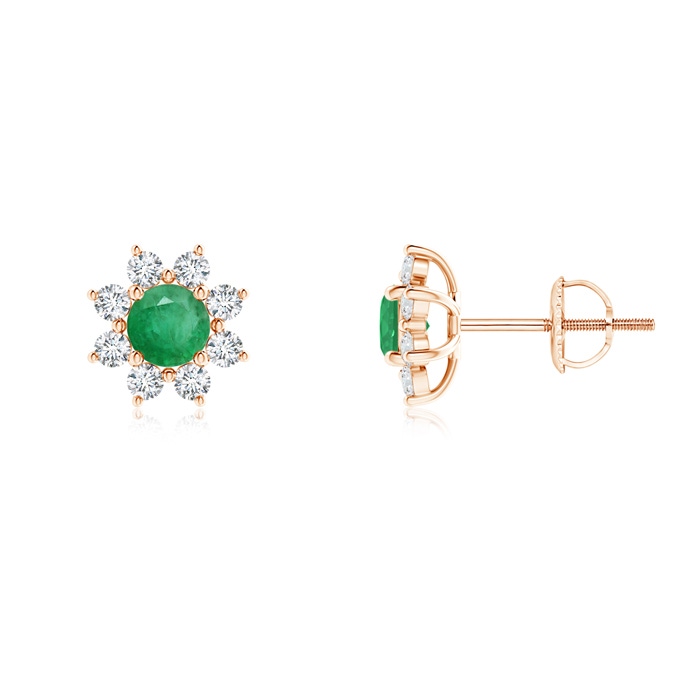 4mm A Round Emerald and Diamond Flower Stud Earrings in Rose Gold 