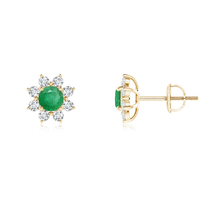 4mm A Round Emerald and Diamond Flower Stud Earrings in Yellow Gold 