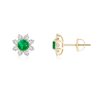 4mm AAA Round Emerald and Diamond Flower Stud Earrings in Yellow Gold