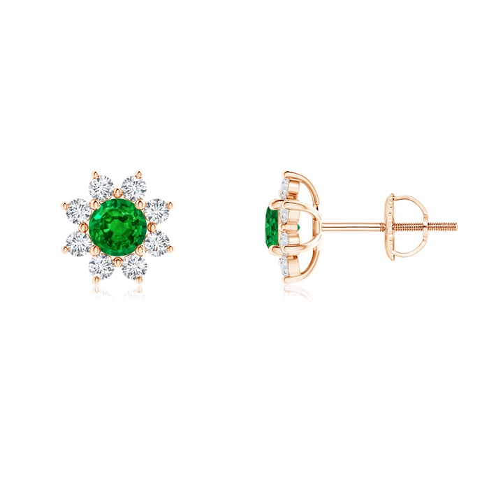 4mm AAAA Round Emerald and Diamond Flower Stud Earrings in Rose Gold 