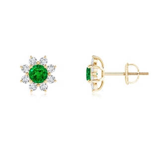 4mm AAAA Round Emerald and Diamond Flower Stud Earrings in Yellow Gold