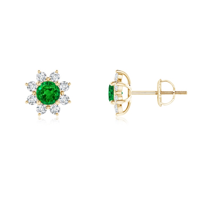 4mm AAAA Round Emerald and Diamond Flower Stud Earrings in Yellow Gold 