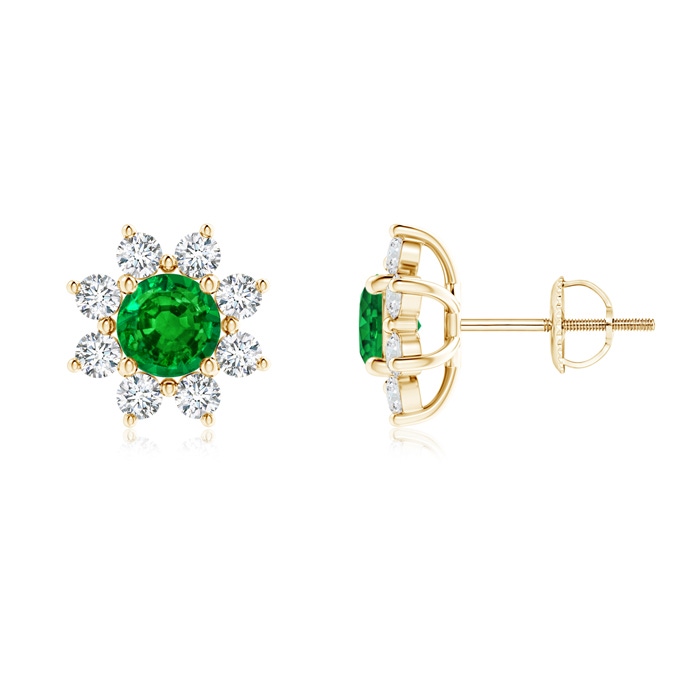 5mm Lab-Grown Round Emerald and Diamond Flower Stud Earrings in Yellow Gold