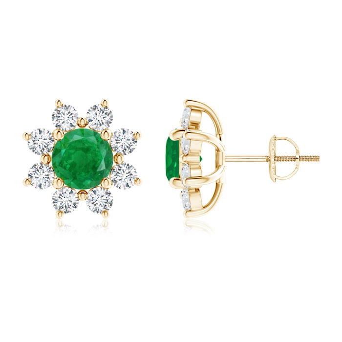 6mm AA Round Emerald and Diamond Flower Stud Earrings in Yellow Gold 