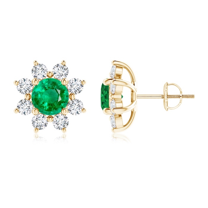 6mm AAA Round Emerald and Diamond Flower Stud Earrings in Yellow Gold 