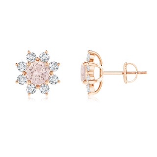 5mm A Round Morganite and Diamond Flower Stud Earrings in 10K Rose Gold