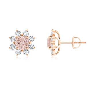 5mm AAA Round Morganite and Diamond Flower Stud Earrings in Rose Gold