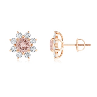 5mm AAAA Round Morganite and Diamond Flower Stud Earrings in Rose Gold