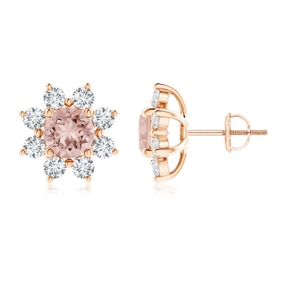 6mm AAAA Round Morganite and Diamond Flower Stud Earrings in Rose Gold