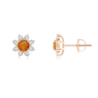 4mm AA Round Orange Sapphire and Diamond Flower Stud Earrings in Rose Gold