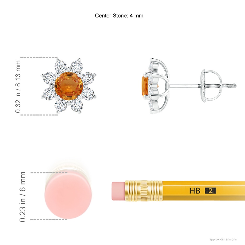 4mm AAA Round Orange Sapphire and Diamond Flower Stud Earrings in P950 Platinum Ruler