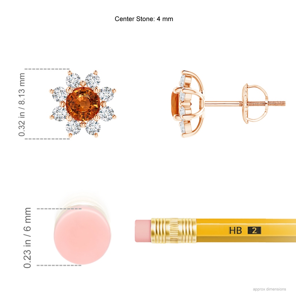 4mm AAAA Round Orange Sapphire and Diamond Flower Stud Earrings in Rose Gold Ruler