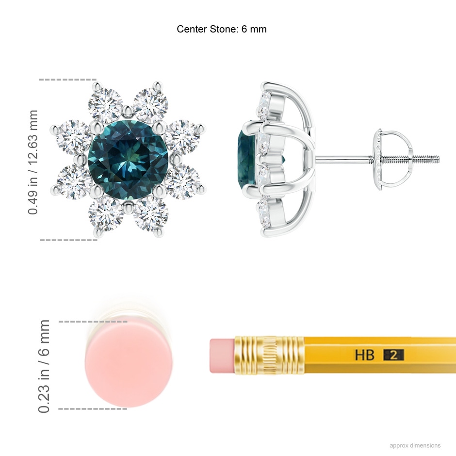 6mm AAA Round Teal Montana Sapphire and Diamond Flower Stud Earrings in White Gold ruler