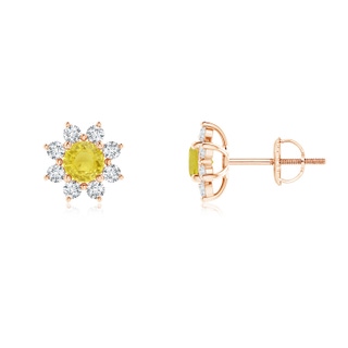 4mm A Round Yellow Sapphire and Diamond Flower Stud Earrings in 9K Rose Gold