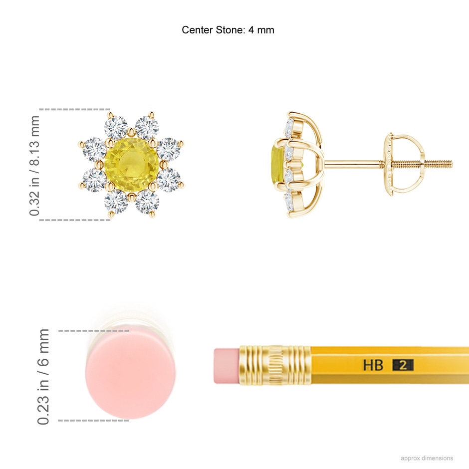 4mm A Round Yellow Sapphire and Diamond Flower Stud Earrings in Yellow Gold ruler