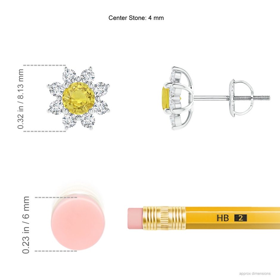 4mm AA Round Yellow Sapphire and Diamond Flower Stud Earrings in P950 Platinum ruler