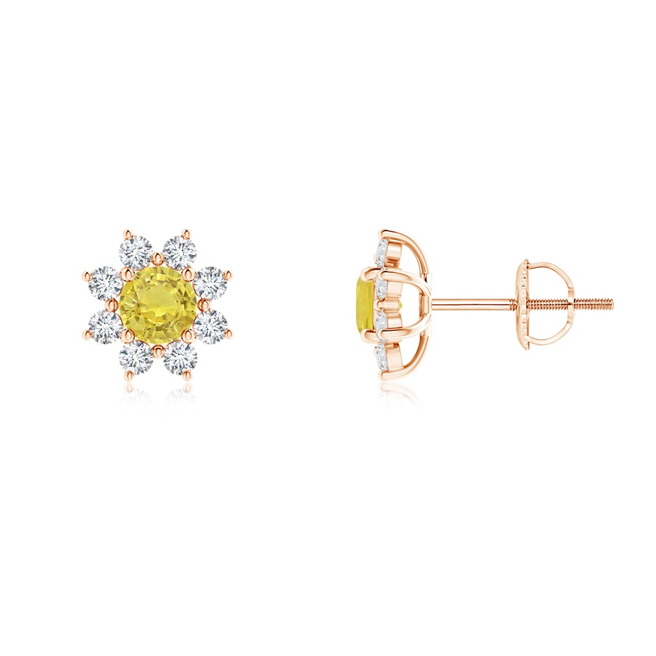 4mm AA Round Yellow Sapphire and Diamond Flower Stud Earrings in Rose Gold 