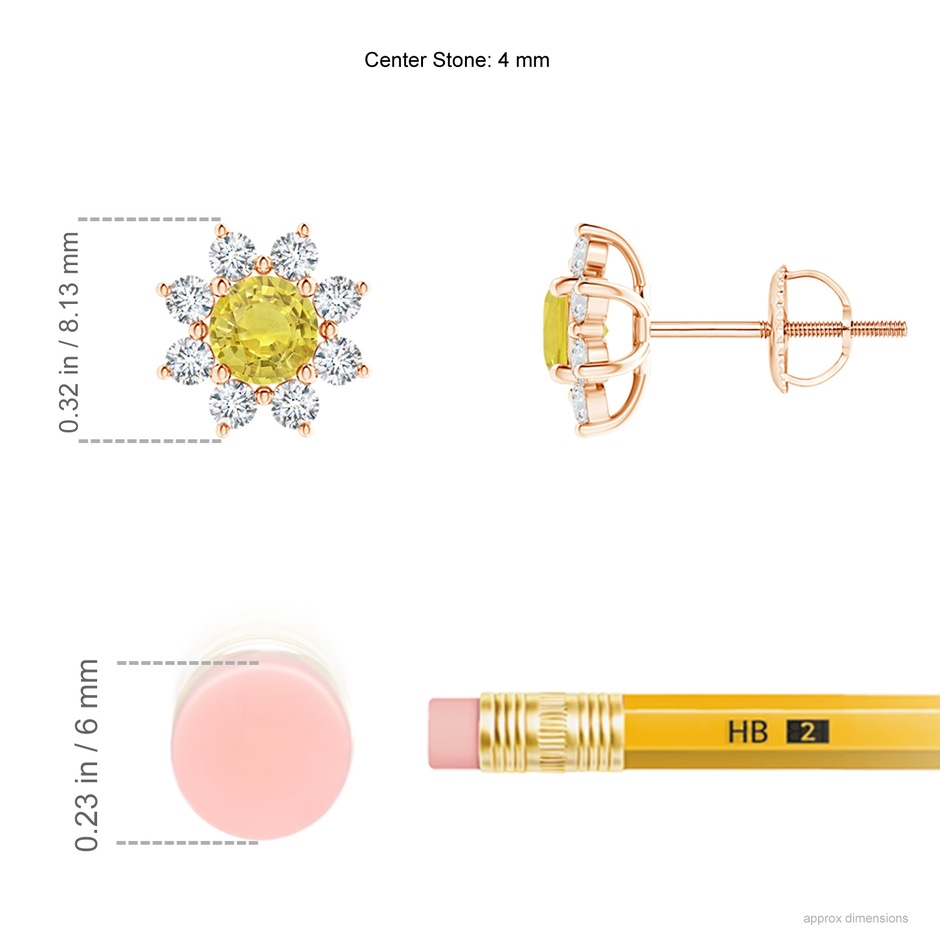 4mm AA Round Yellow Sapphire and Diamond Flower Stud Earrings in Rose Gold ruler