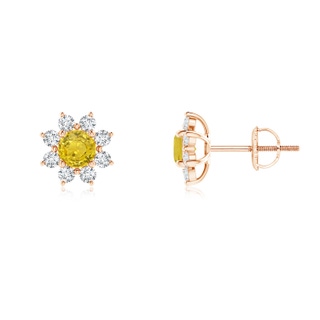 4mm AAA Round Yellow Sapphire and Diamond Flower Stud Earrings in 9K Rose Gold