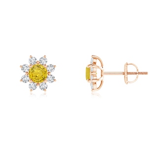 4mm AAA Round Yellow Sapphire and Diamond Flower Stud Earrings in Rose Gold