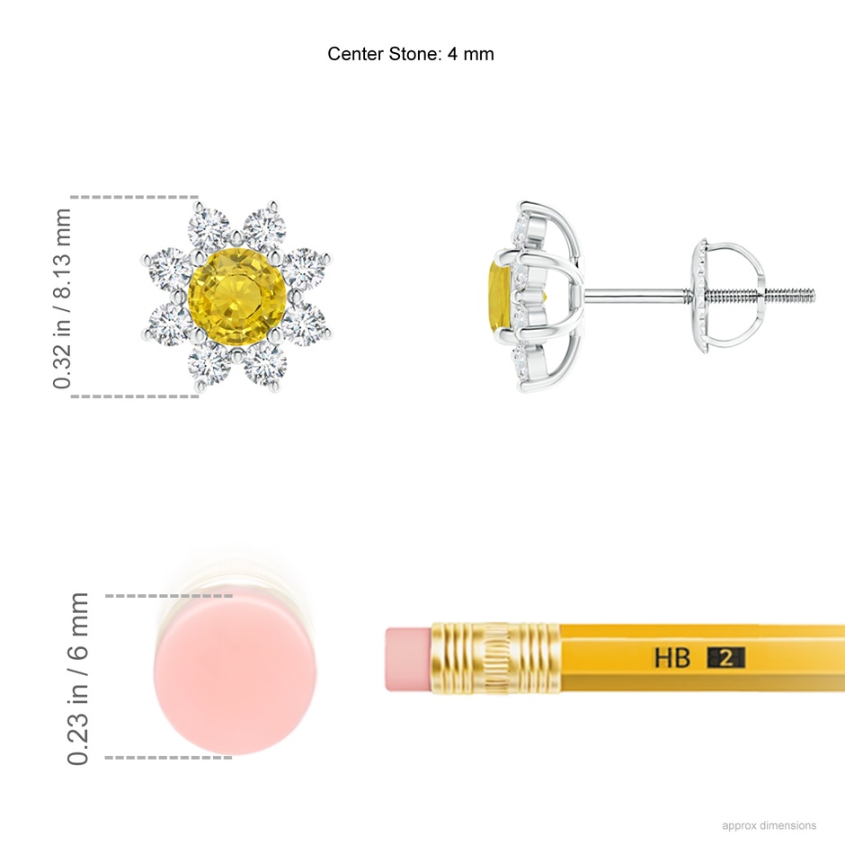 4mm AAA Round Yellow Sapphire and Diamond Flower Stud Earrings in White Gold ruler