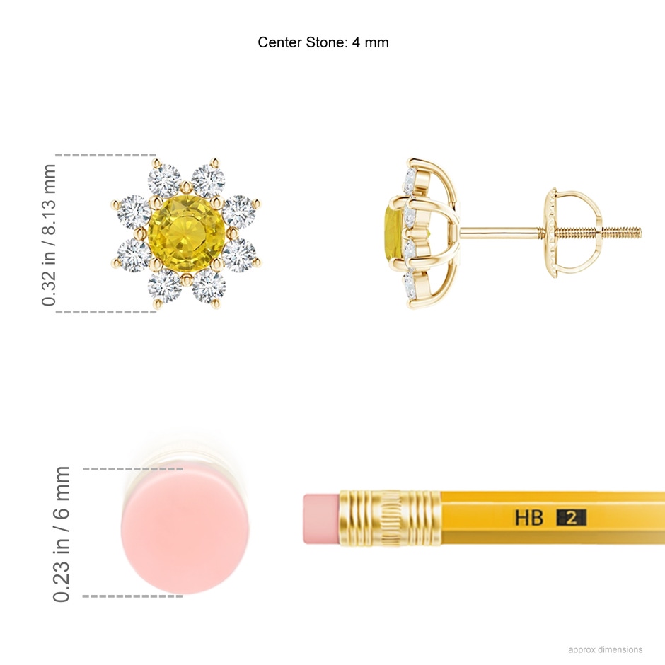 4mm AAA Round Yellow Sapphire and Diamond Flower Stud Earrings in Yellow Gold ruler