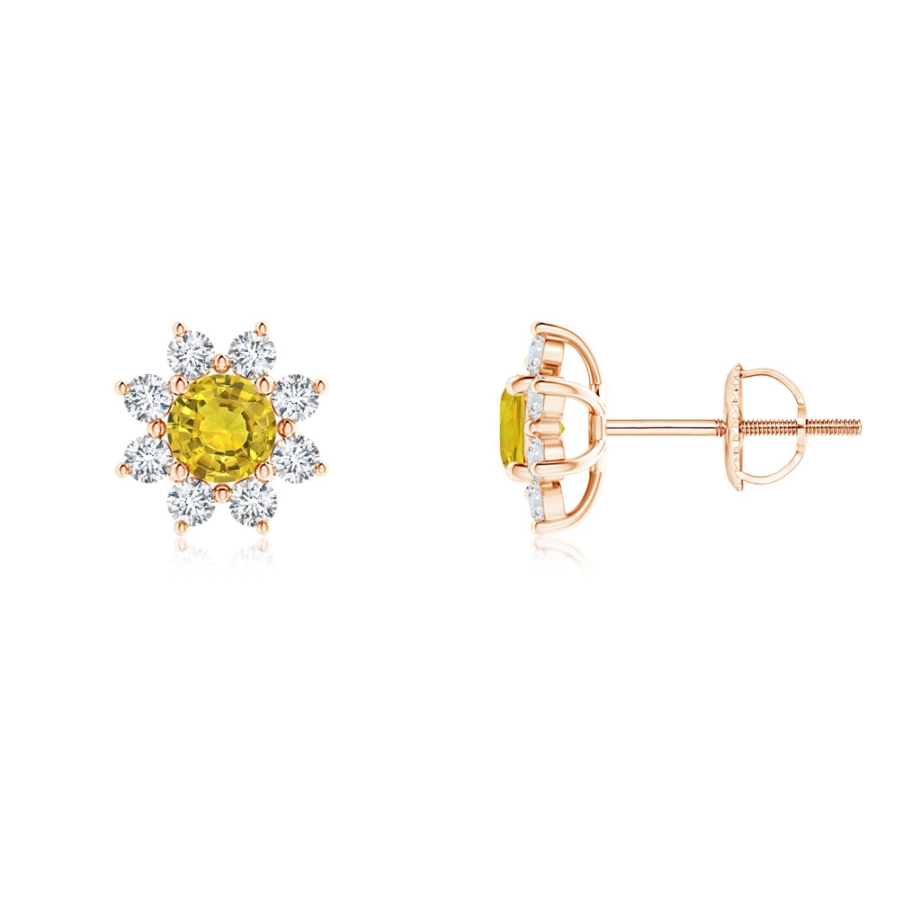 4mm AAAA Round Yellow Sapphire and Diamond Flower Stud Earrings in Rose Gold