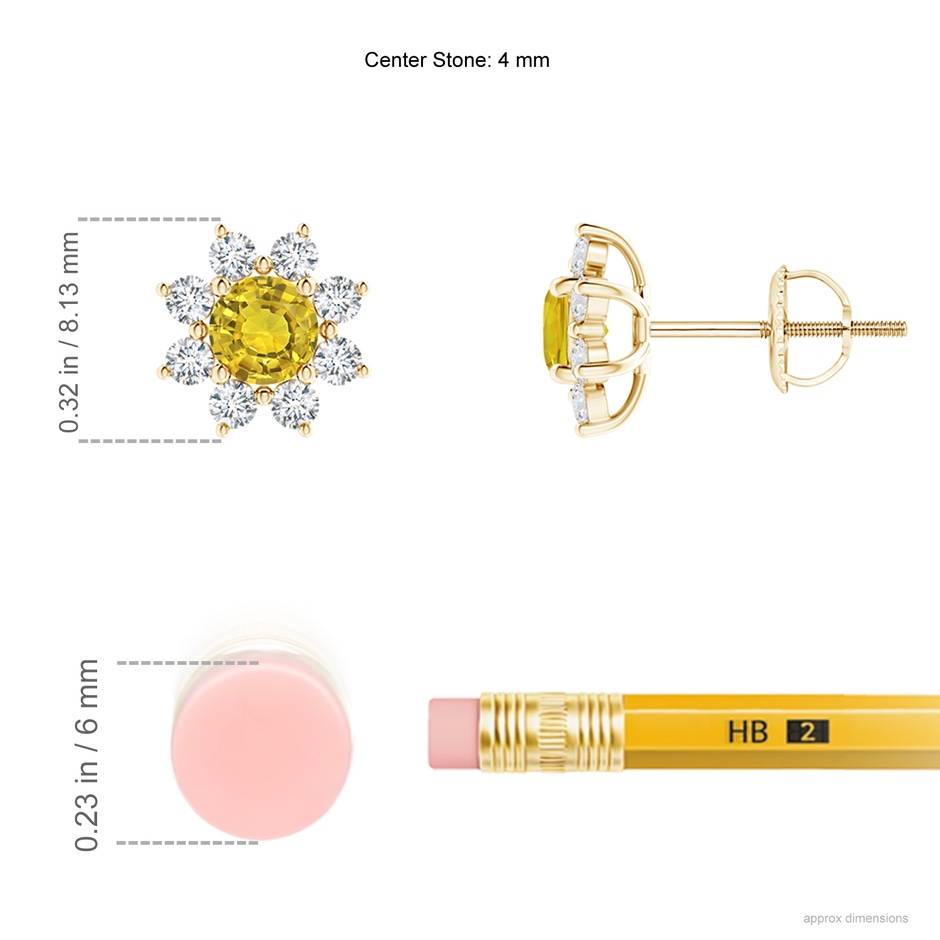 4mm AAAA Round Yellow Sapphire and Diamond Flower Stud Earrings in Yellow Gold ruler