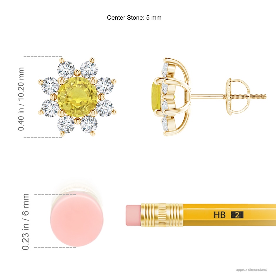 5mm AA Round Yellow Sapphire and Diamond Flower Stud Earrings in Yellow Gold ruler