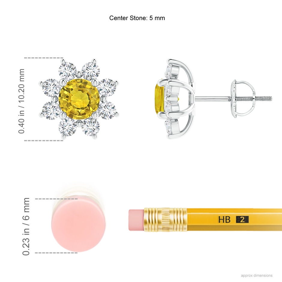 5mm AAAA Round Yellow Sapphire and Diamond Flower Stud Earrings in P950 Platinum ruler