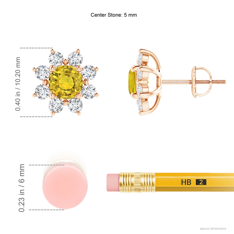 5mm AAAA Round Yellow Sapphire and Diamond Flower Stud Earrings in Rose Gold ruler