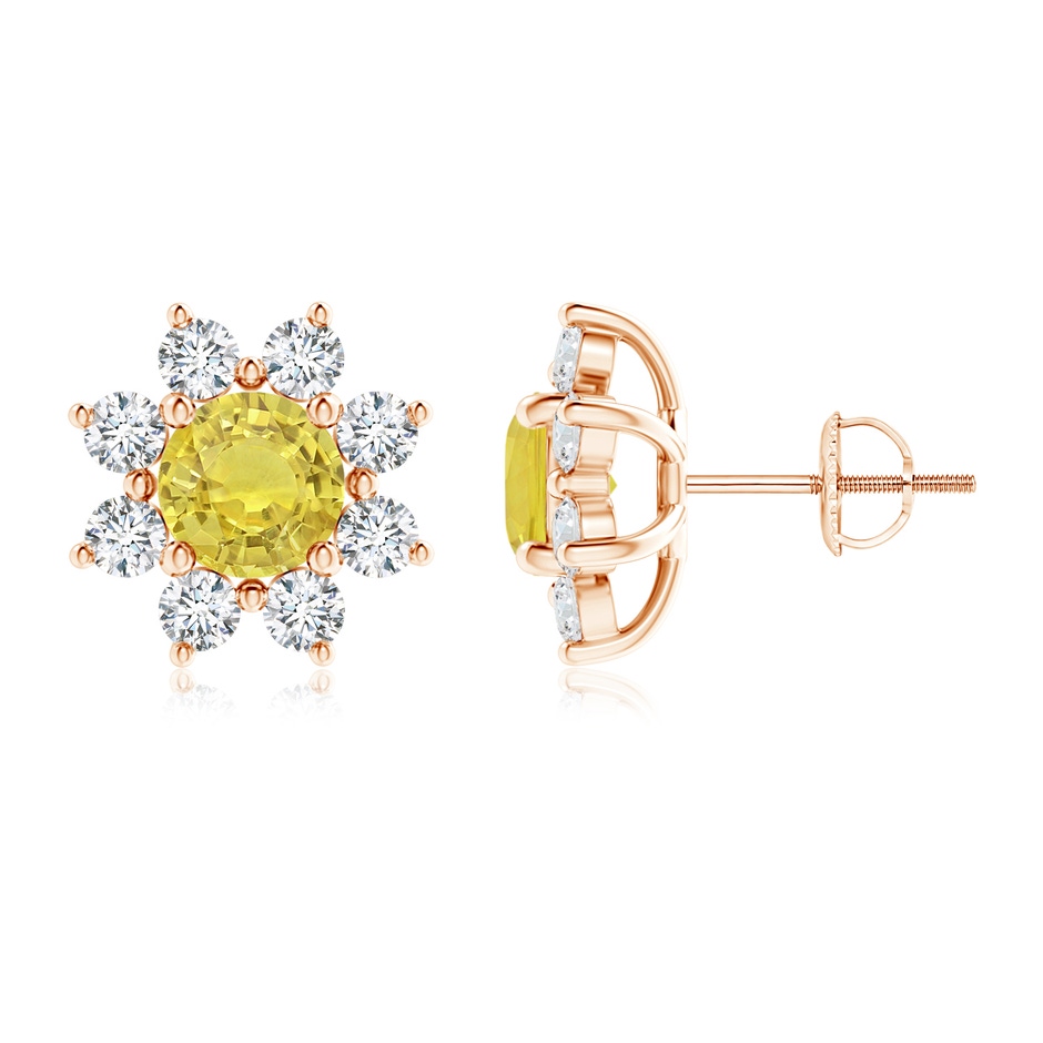 6mm AA Round Yellow Sapphire and Diamond Flower Stud Earrings in Rose Gold 