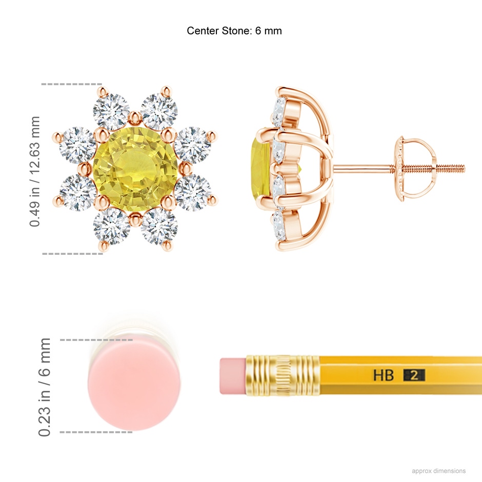 6mm AA Round Yellow Sapphire and Diamond Flower Stud Earrings in Rose Gold ruler
