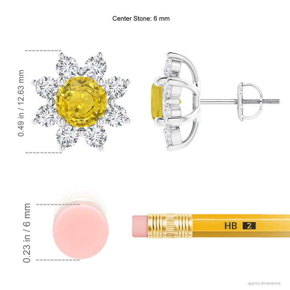 6mm AAA Round Yellow Sapphire and Diamond Flower Stud Earrings in White Gold ruler