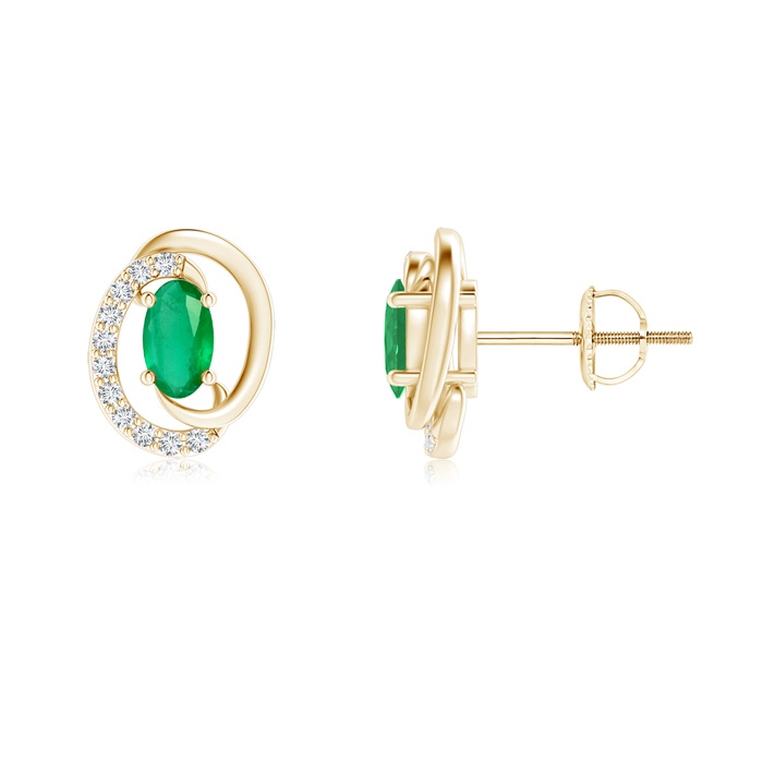 5x3mm A Floating Oval Emerald Swirl Earrings with Diamond Accents in Yellow Gold 