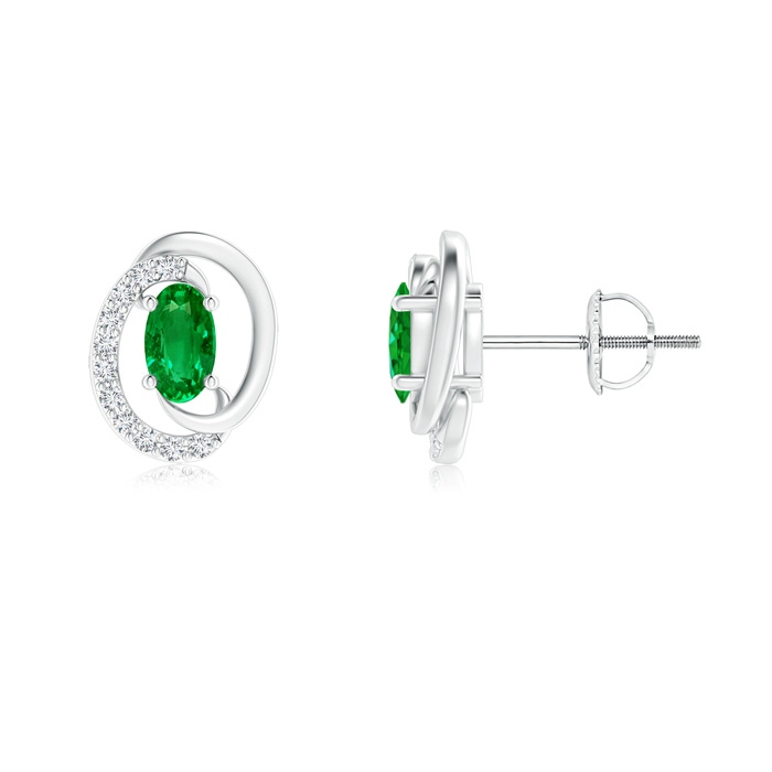 5x3mm AAAA Floating Oval Emerald Swirl Earrings with Diamond Accents in White Gold 