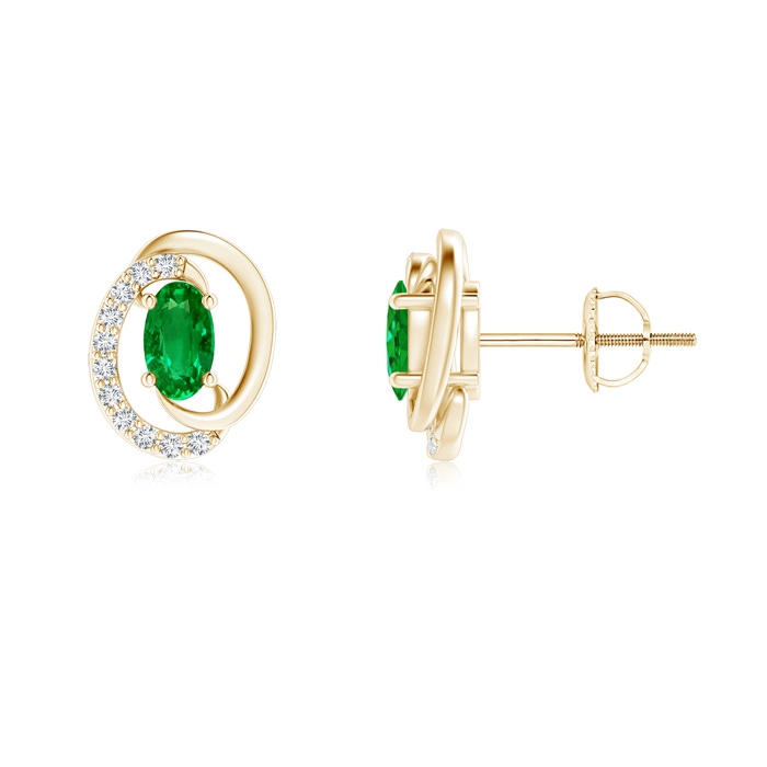 5x3mm AAAA Floating Oval Emerald Swirl Earrings with Diamond Accents in Yellow Gold