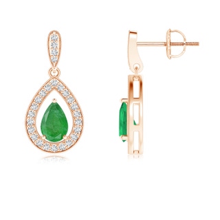 6x4mm A Pear Emerald Drop Earrings with Diamond Halo in 9K Rose Gold