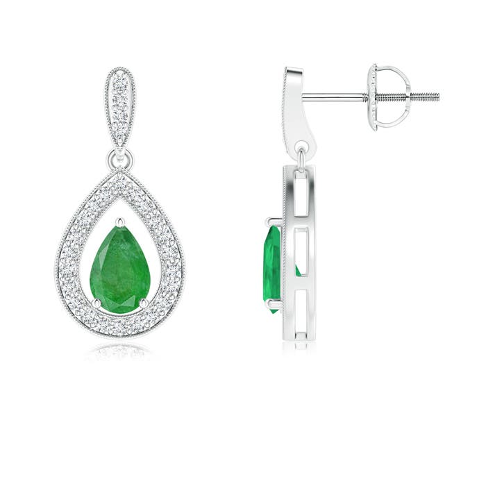 6x4mm A Pear Emerald Drop Earrings with Diamond Halo in P950 Platinum