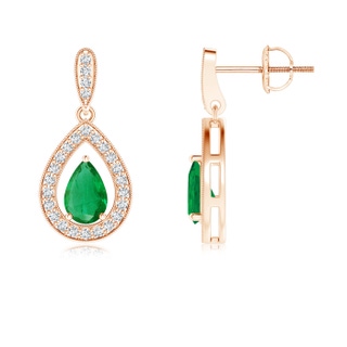 6x4mm AA Pear Emerald Drop Earrings with Diamond Halo in Rose Gold