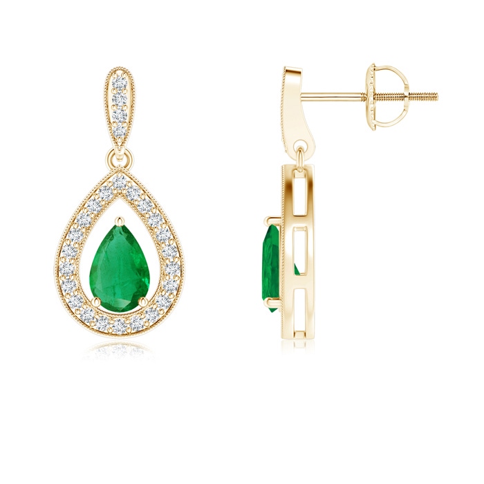 6x4mm AA Pear Emerald Drop Earrings with Diamond Halo in Yellow Gold 