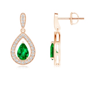 6x4mm Lab-Grown Pear Emerald Drop Earrings with Diamond Halo in 10K Rose Gold