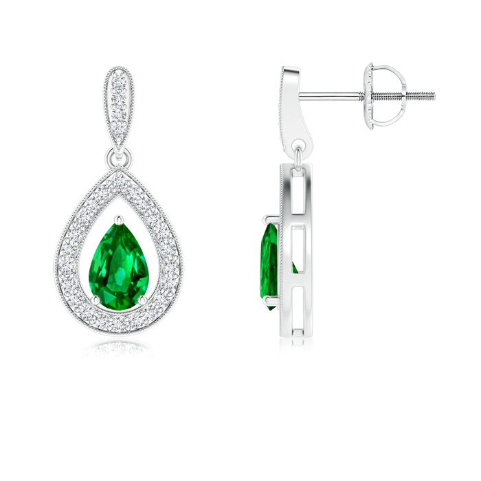 6x4mm Lab-Grown Pear Emerald Drop Earrings with Diamond Halo in White Gold 
