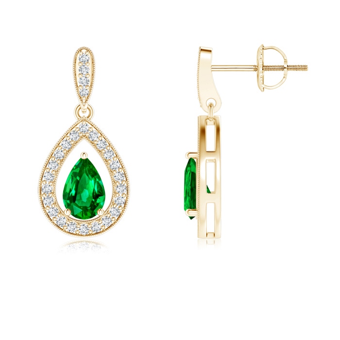 6x4mm AAAA Pear Emerald Drop Earrings with Diamond Halo in Yellow Gold